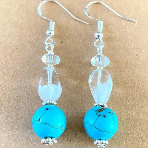 Handmade Boho Blue Turquoise Bead Dangle Earrings Glass Stacked 925 Silver Hooks - Picture 5 of 7